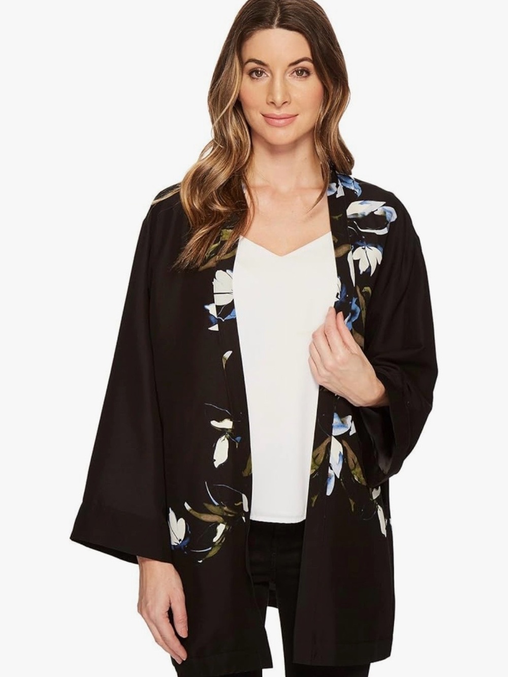 Vince Camuto Black Floral Open-Front Blouse with Blue and Green Accents